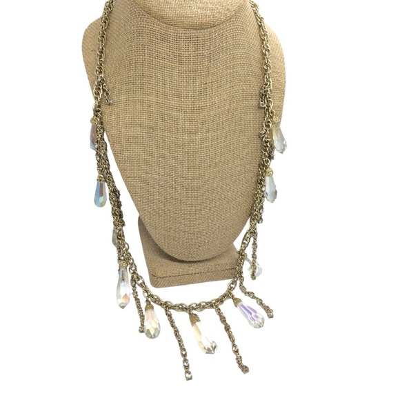 VINTAGE ANN TAYLOR AB AURORA BOREALIS BEAD CHAIN DANGLE NECKLACE GOLD TONE BELT - Picture 3 of 15